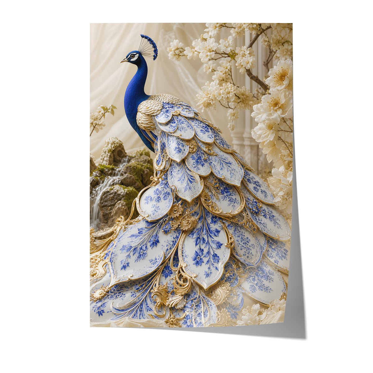Poster mit einem blauen Pfau mit weiß-blauen Schmuckfedern und goldenen Details auf weißem Hintergrund.