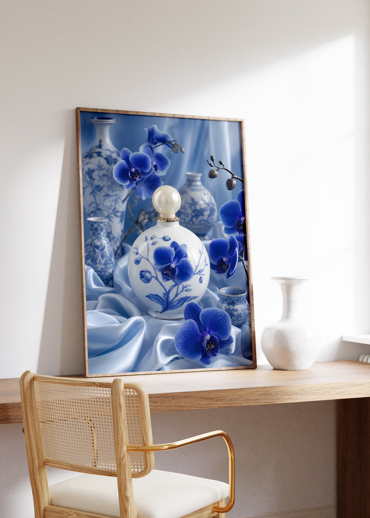 Gerahmtes Poster mit einem weiß-blauen Parfumflakon zwischen blauen Orchideen und Porzellanvasen, auf einem Holztisch neben einer weißen Vase.