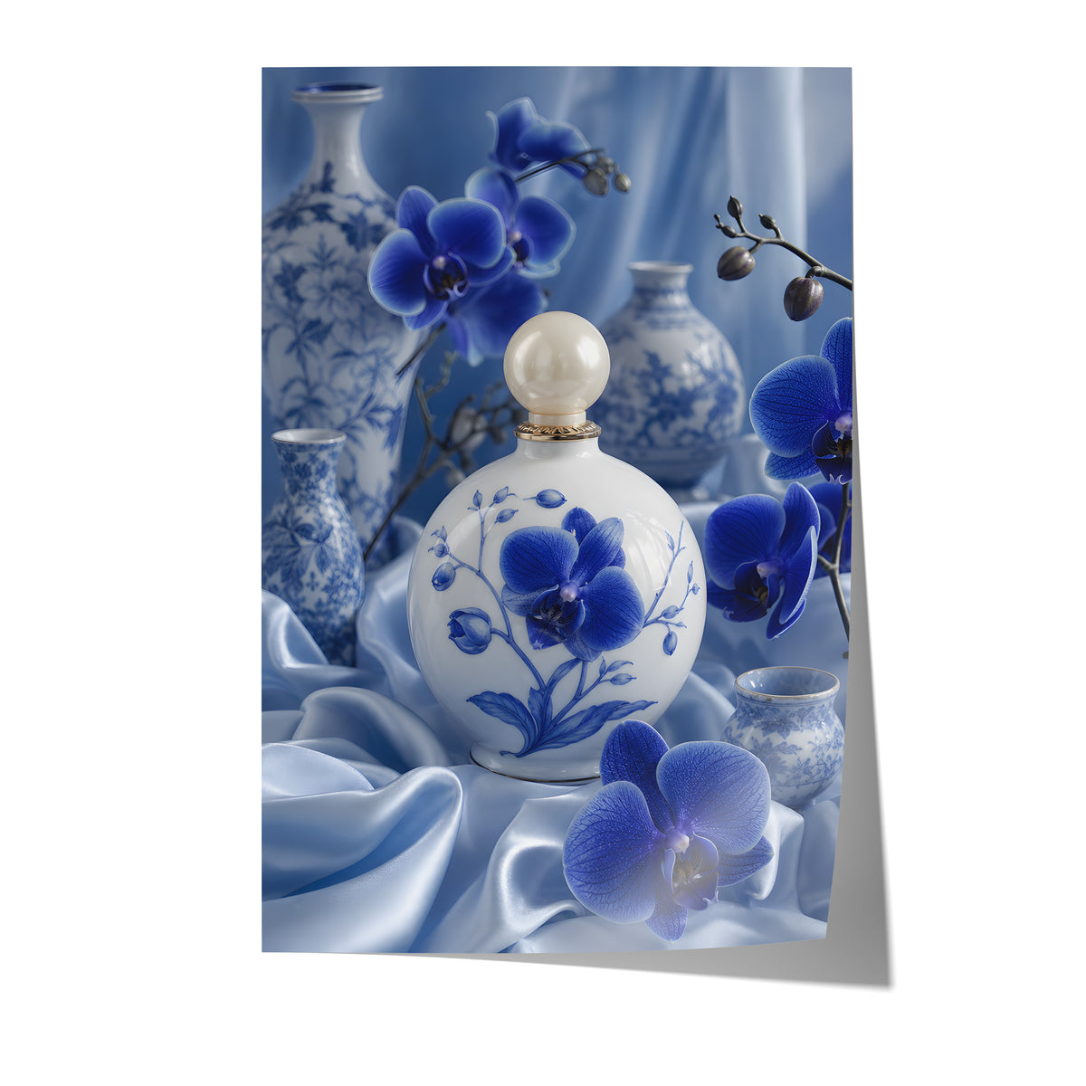 Poster mit einem weiß-blauen Parfumflakon zwischen blauen Orchideen und Porzellanvasen auf weißem Hintergrund.