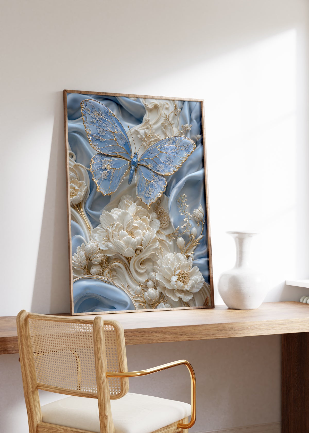 Gerahmtes Poster mit einem hellblauen Schmetterling mit goldenen Flügeladern auf blauem Seidenstoff, auf einem Holztisch neben einer weißen Vase.