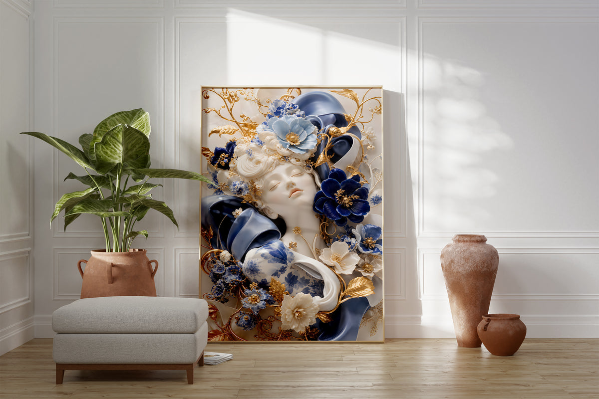 Motiv mit Frauenporträt zwischen blauen und weißen Blüten, Porzellanornamenten und goldenen Details, als gerahmtes Poster neben Sessel und Zimmerpflanze.