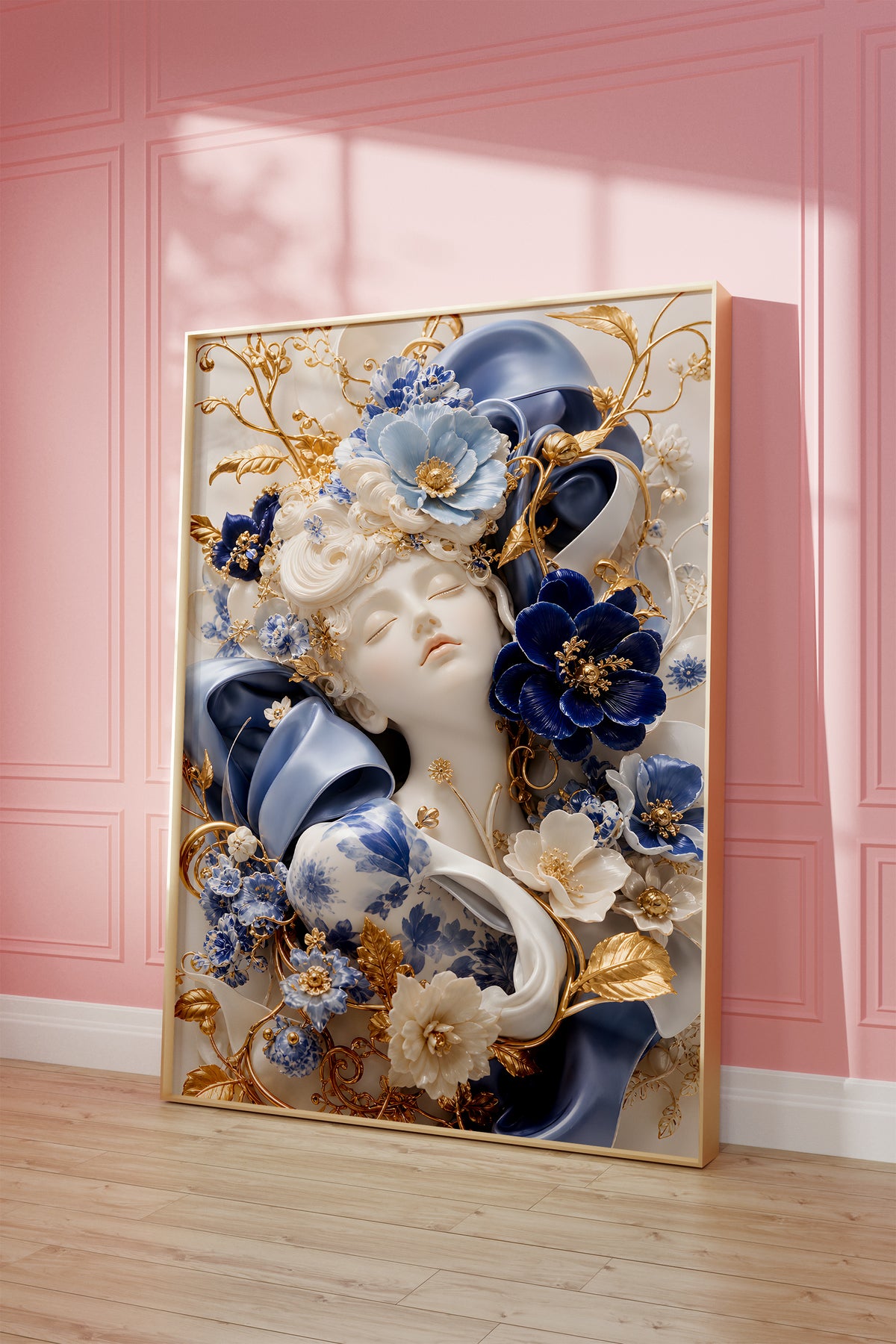 Motiv mit Frauenporträt zwischen blauen und weißen Blüten, Porzellanornamenten und goldenen Details, als gerahmtes Poster vor einer rosafarbenen Wand.