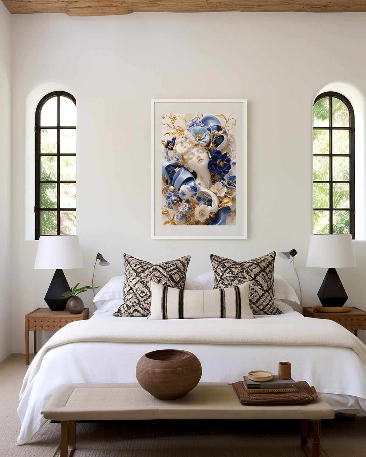 Motiv mit Frauenporträt zwischen blauen und weißen Blüten, Porzellanornamenten und goldenen Details, über einem Bett im hellen Schlafzimmer.