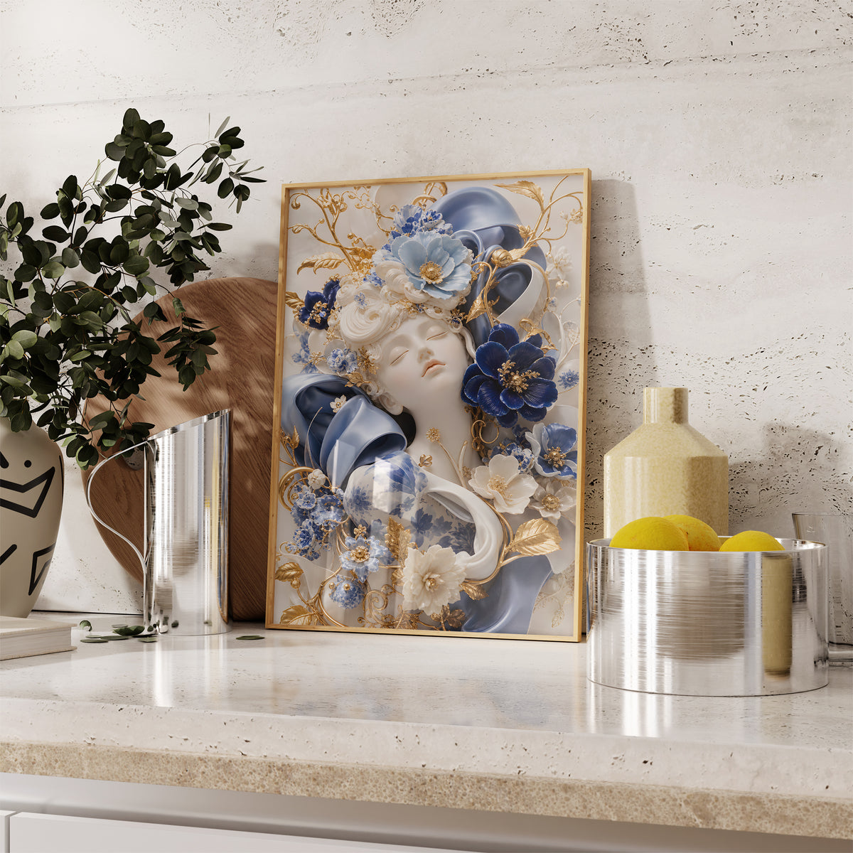 Gerahmtes Poster mit Frauenporträt zwischen blauen und weißen Blüten, Porzellanornamenten und goldenen Details, als einzelne Wanddekoration in einer Wohnraumansicht.