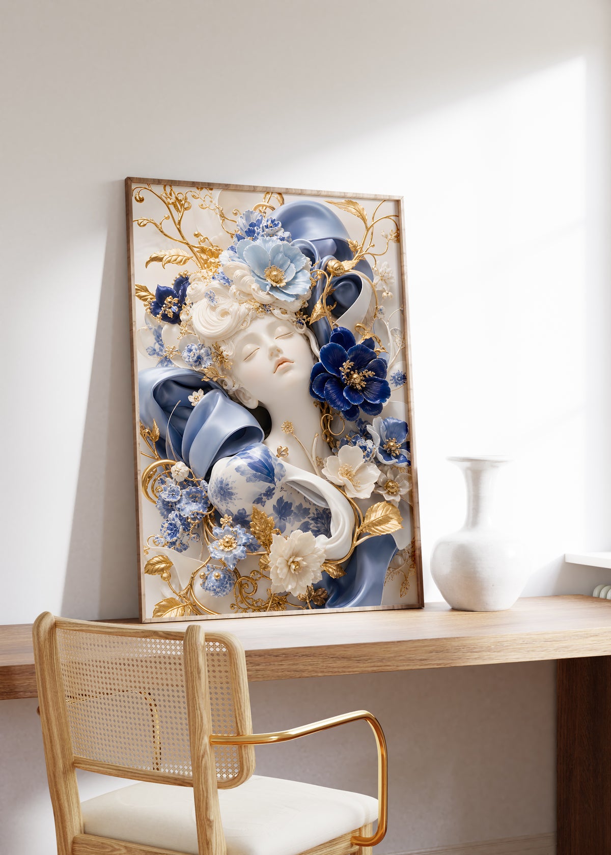 Gerahmtes Poster mit Frauenporträt zwischen blauen und weißen Blüten, Porzellanornamenten und goldenen Details, als einzelne Wanddekoration in einer Wohnraumansicht.