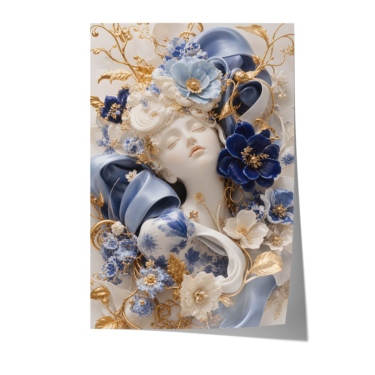 Poster mit Frauenporträt zwischen blauen und weißen Blüten, Porzellanornamenten und goldenen Details auf weißem Hintergrund.