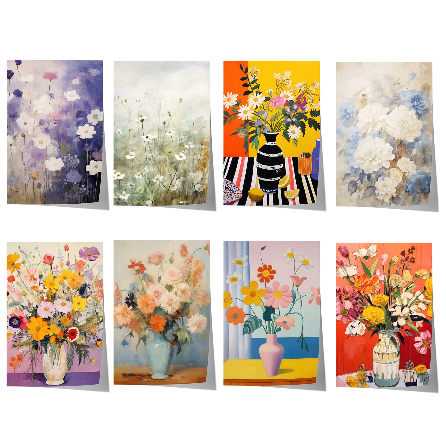 Blumenposter mit farbenfrohen Blüten, floralen Illustrationen, Blumenvasen und romantischen Gartenmotiven in lebendigen Farben.
