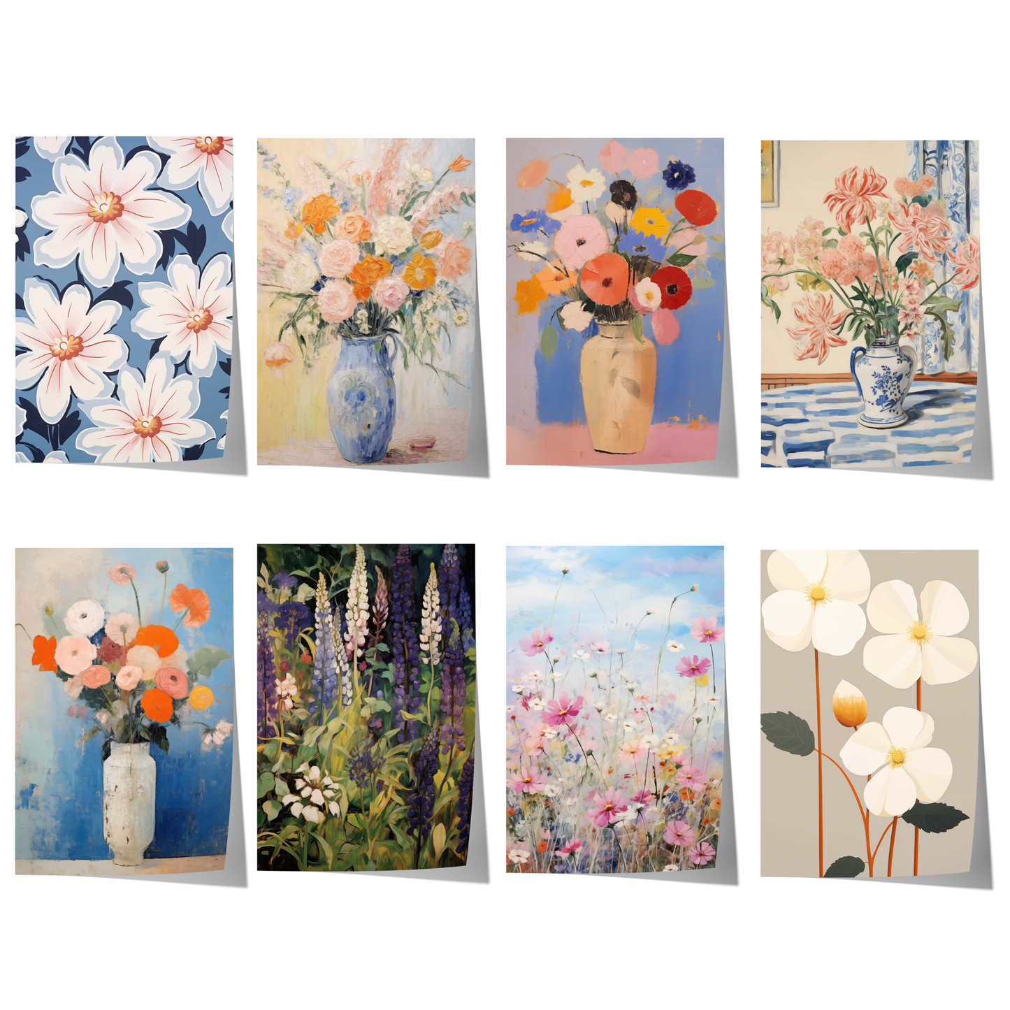 Blumenposter mit bunten Wildblumen, floralen Stillleben, Blütenvasen und romantischen Gartenmotiven in sanfter Aquarelloptik.