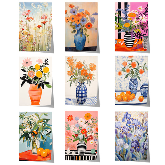 Blumenposter mit farbenfrohen Blumenvasen, Wildblumen, Irisblüten und modernen floralen Illustrationen in lebendigen Farben