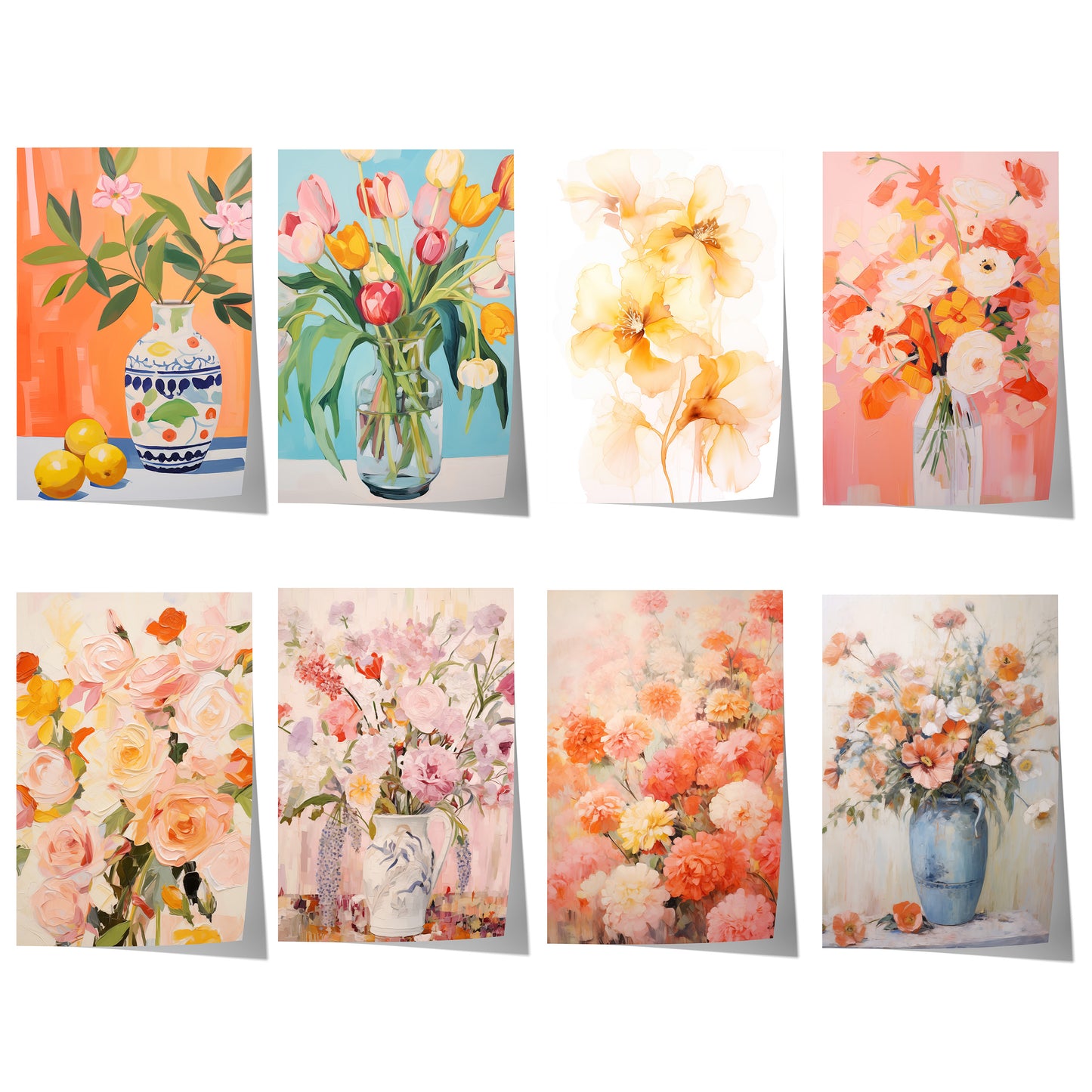 Blumenposter mit korallenrosa Blüten, Rosen, Tulpen und floralen Stillleben in leuchtenden Farben und sanfter Aquarelloptik.