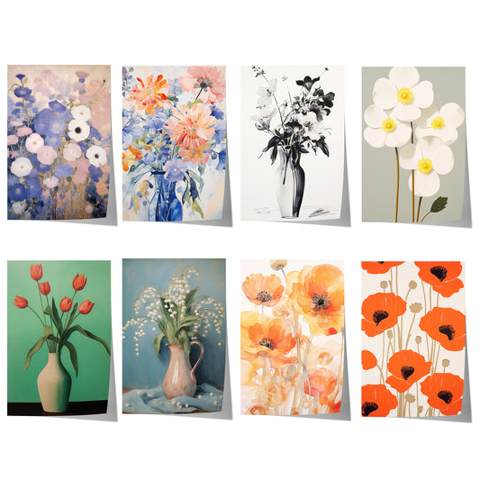 Blumenposter mit Tulpen, Mohnblumen, Maiglöckchen und kunstvollen Blumenarrangements in sanften Aquarell- und Illustrationsstilen.