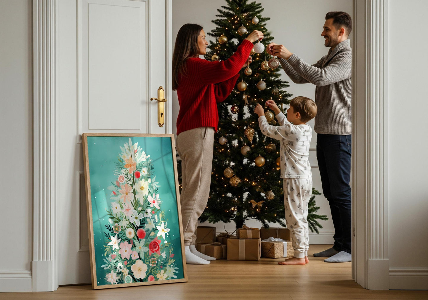 Blumen Weihnachtsbaum Poster · Winter Stadtbild Wanddeko · Geschenkidee · Festliche Weihnachtskunst · Dekoprint ohne Rahmen - justgoodmood