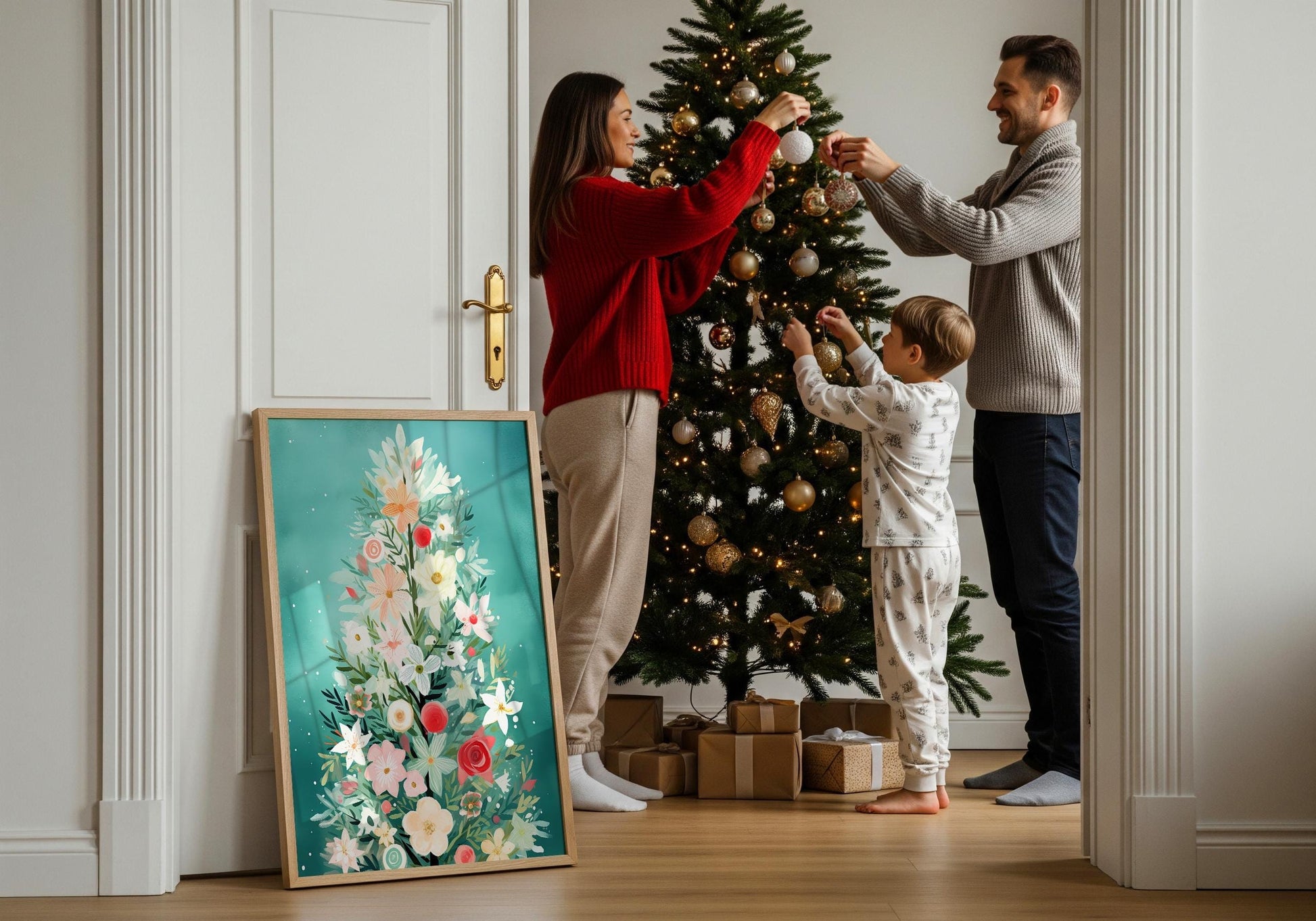 Blumen Weihnachtsbaum Poster · Winter Stadtbild Wanddeko · Geschenkidee · Festliche Weihnachtskunst · Dekoprint ohne Rahmen - justgoodmood