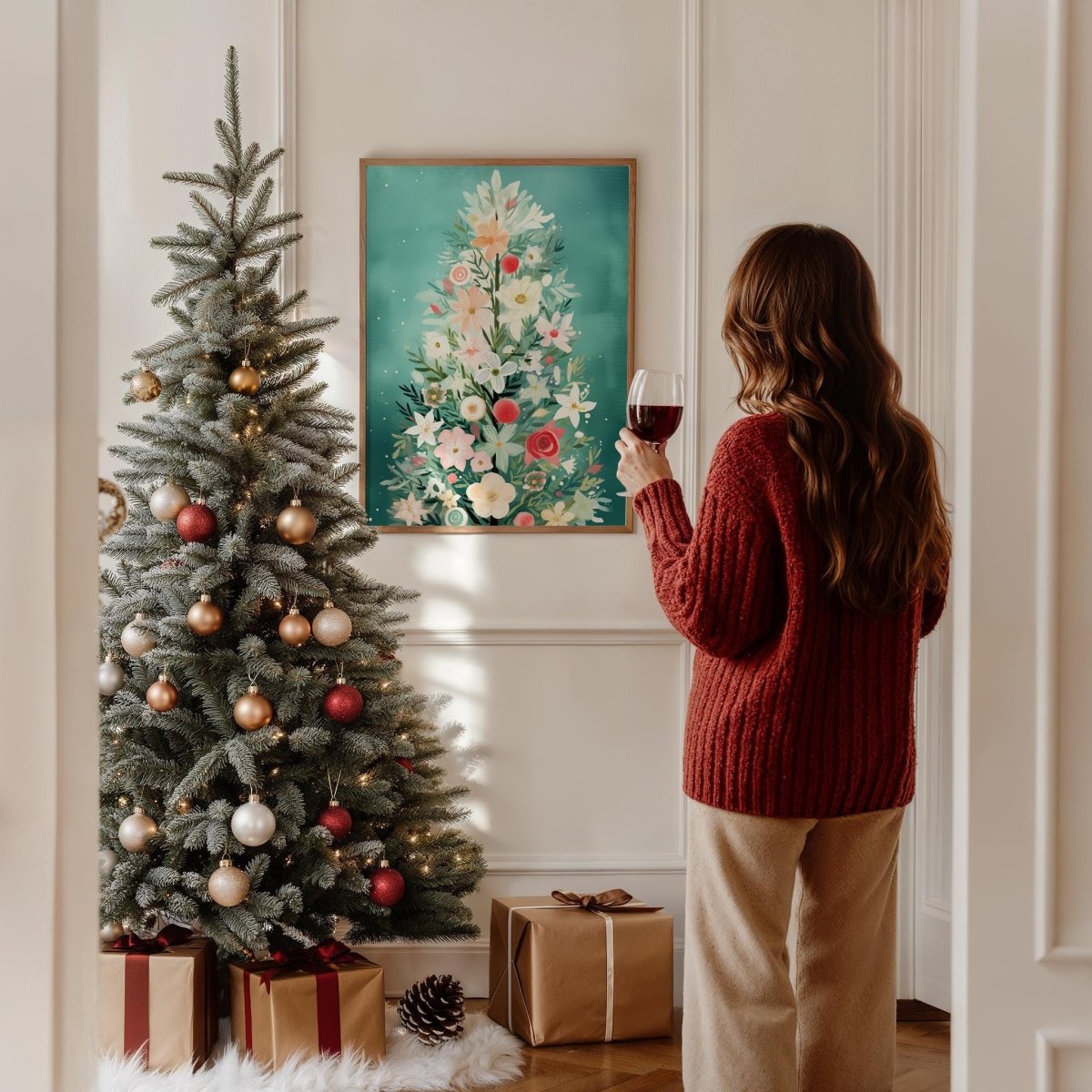 Blumen Weihnachtsbaum Poster · Winter Stadtbild Wanddeko · Geschenkidee · Festliche Weihnachtskunst · Dekoprint ohne Rahmen - justgoodmood