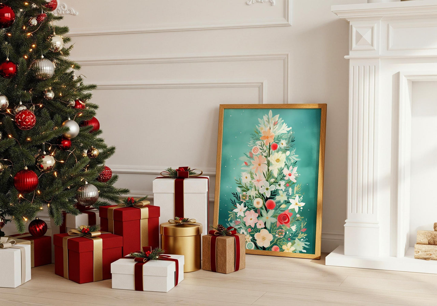 Blumen Weihnachtsbaum Poster · Winter Stadtbild Wanddeko · Geschenkidee · Festliche Weihnachtskunst · Dekoprint ohne Rahmen - justgoodmood