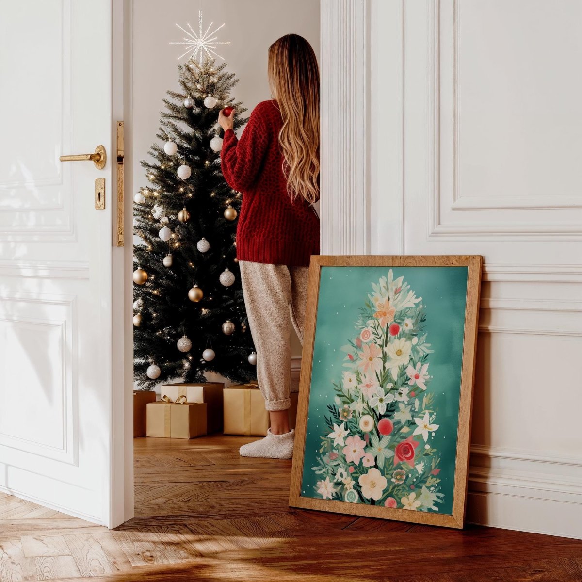 Blumen Weihnachtsbaum Poster · Winter Stadtbild Wanddeko · Geschenkidee · Festliche Weihnachtskunst · Dekoprint ohne Rahmen - justgoodmood