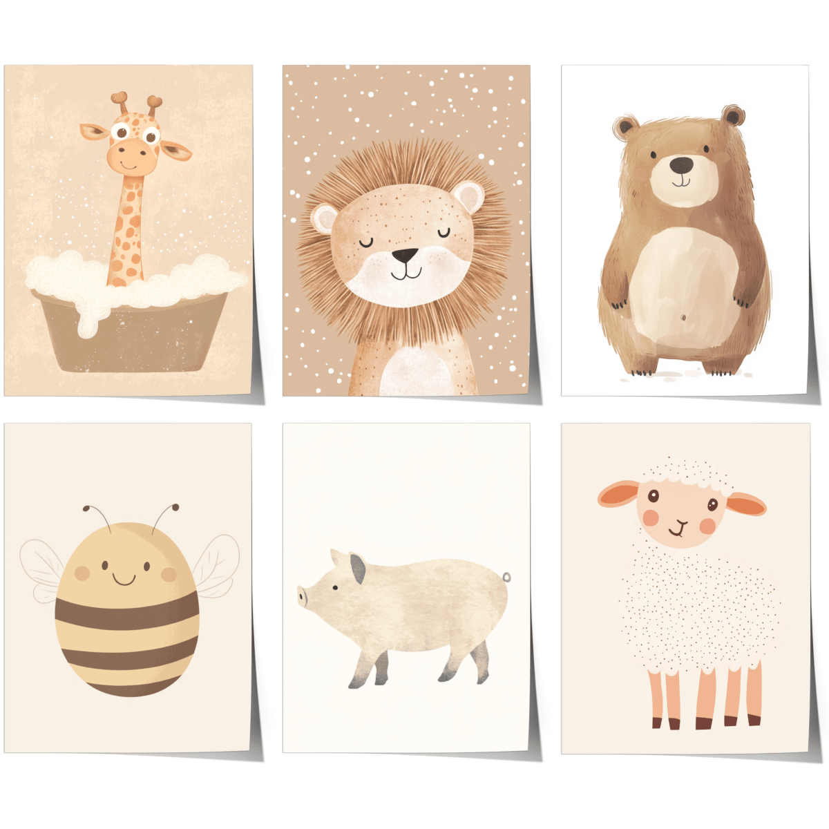 Boho Babyzimmer Poster · Giraffe, Löwe, Bär, Biene, Schwein, Schaf · Niedliche Tier Wandkunst · Skandi Stil ·Pastell· Deko Print ohne Rahmen - justgoodmood