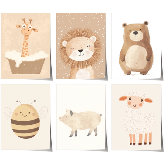 Boho Babyzimmer Poster · Giraffe, Löwe, Bär, Biene, Schwein, Schaf · Niedliche Tier Wandkunst · Skandi Stil ·Pastell· Deko Print ohne Rahmen - justgoodmood