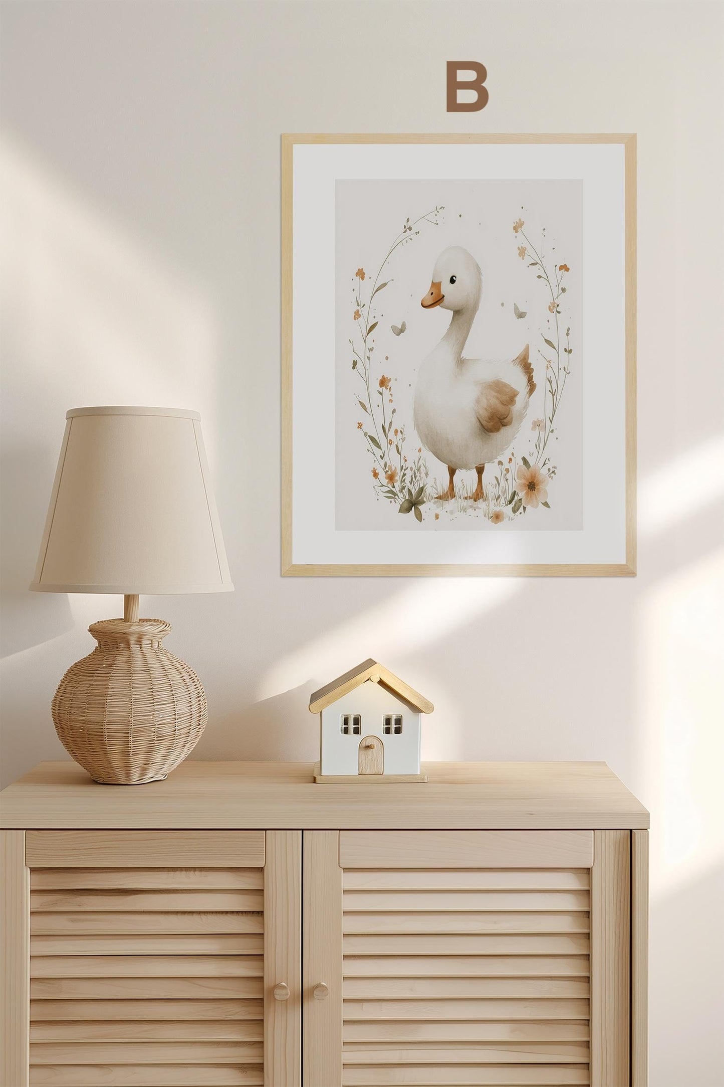 Boho Babyzimmer Poster · Niedliche Ente , Schmetterlinge, Gänseblümchen, Häuser & Sonne Scandi Kinderzimmer Deko · Deko Print ohne Rahmen - justgoodmood