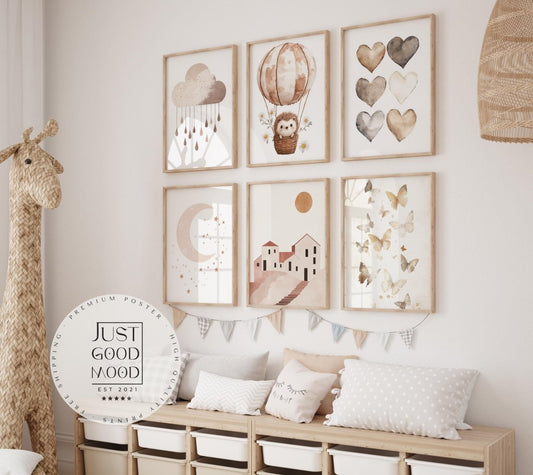 Boho Babyzimmer Poster · Wolke, Heißluftballon , Herzen , Mond und Sterne , Haus und Sonne , Schmetterlinge · Deko Print ohne Rahmen - justgoodmood