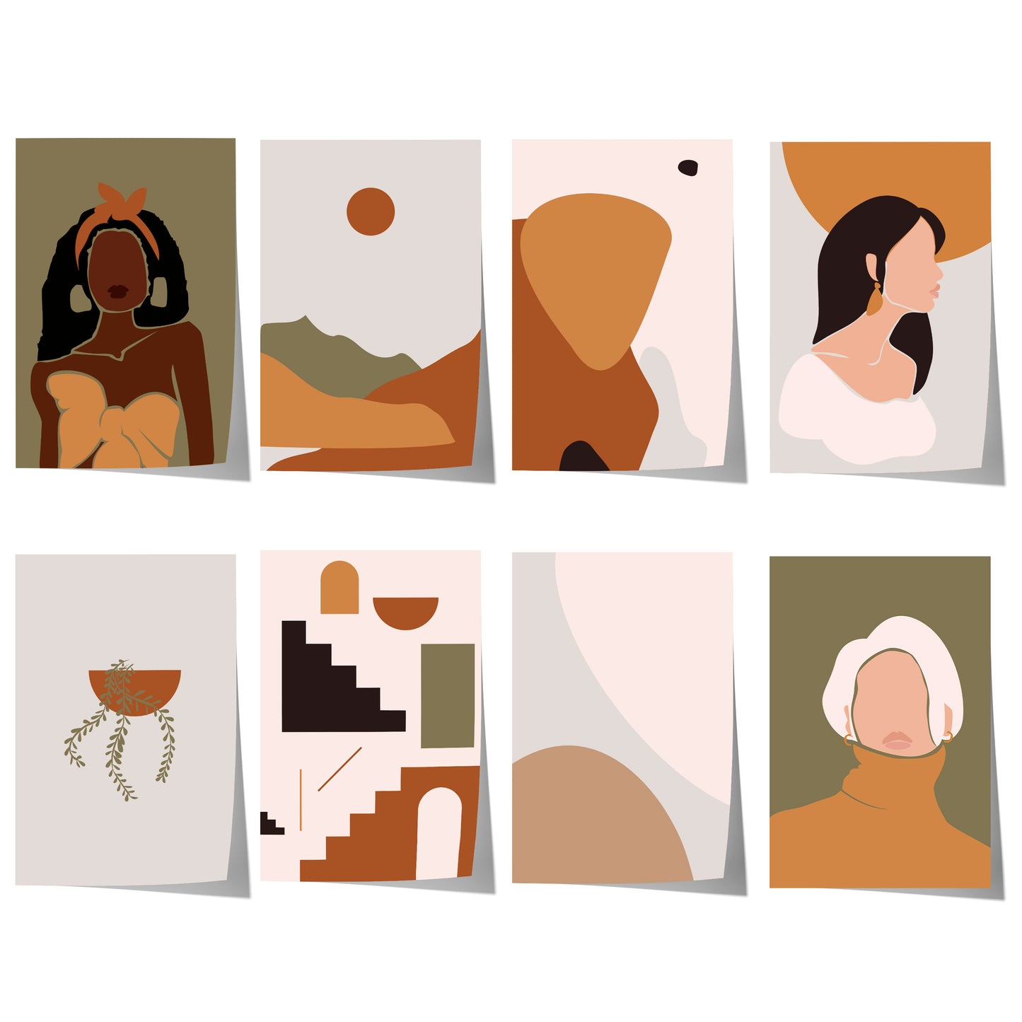 Boho Frauenfiguren in Terrakotta-, Beige-, Braun- und Olivtönen mit abstrakten Landschaften und minimalistischen Formen.