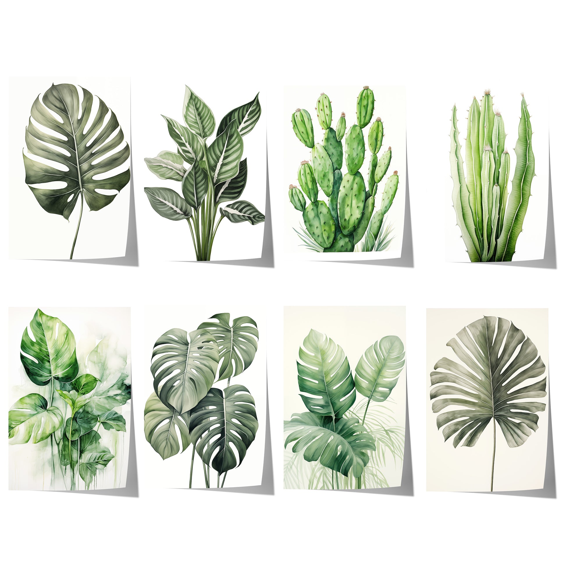 Botanisches Poster-Set mit Monstera-Blättern, Kakteen und tropischen Zimmerpflanzen in sanften Aquarellfarben für moderne Wohnräume.