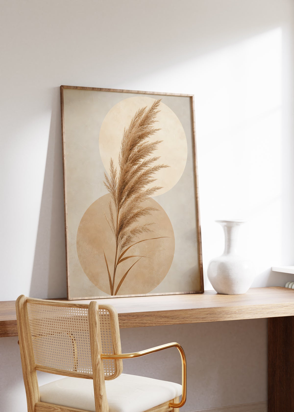Gerahmtes Poster mit einem braunen Pampaswedel vor zwei überlappenden beigen Kreisen, auf einem Holztisch neben einer weißen Vase.