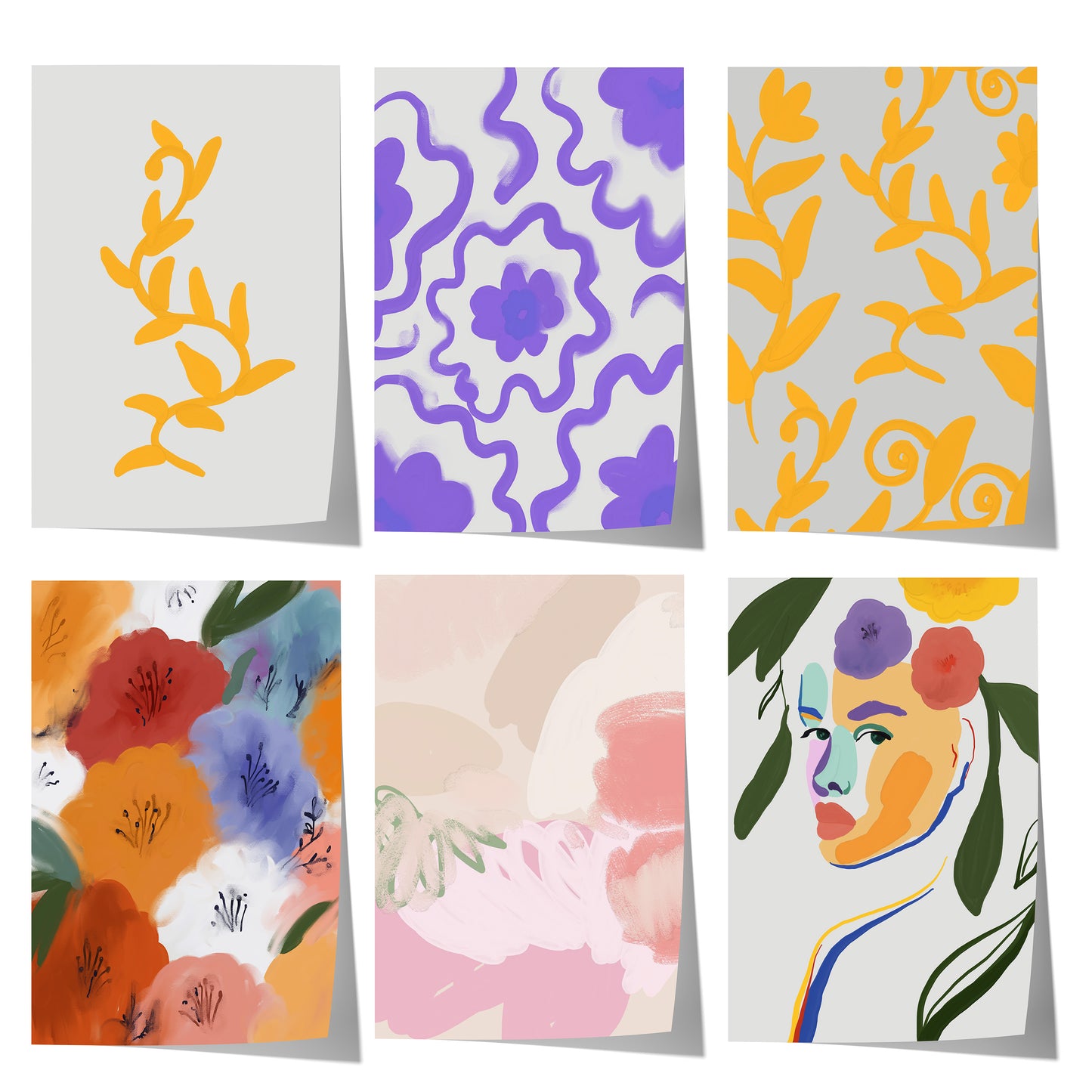 Farbenfrohes abstraktes Blumenposter mit gelben, violetten, roten, rosa und grünen floralen Formen auf modernem Hintergrund.