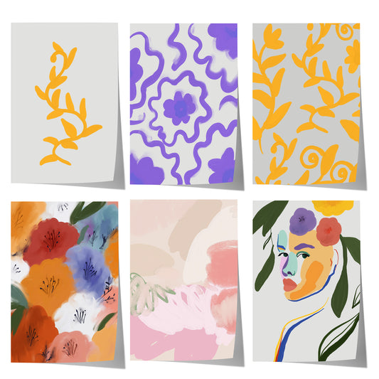 Farbenfrohes abstraktes Blumenposter mit gelben, violetten, roten, rosa und grünen floralen Formen auf modernem Hintergrund.