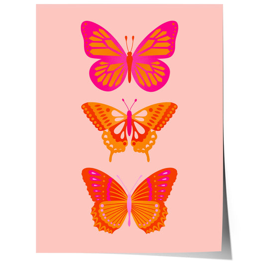 three butterfly illustration poster in pink and orange modern aesthetic wall art