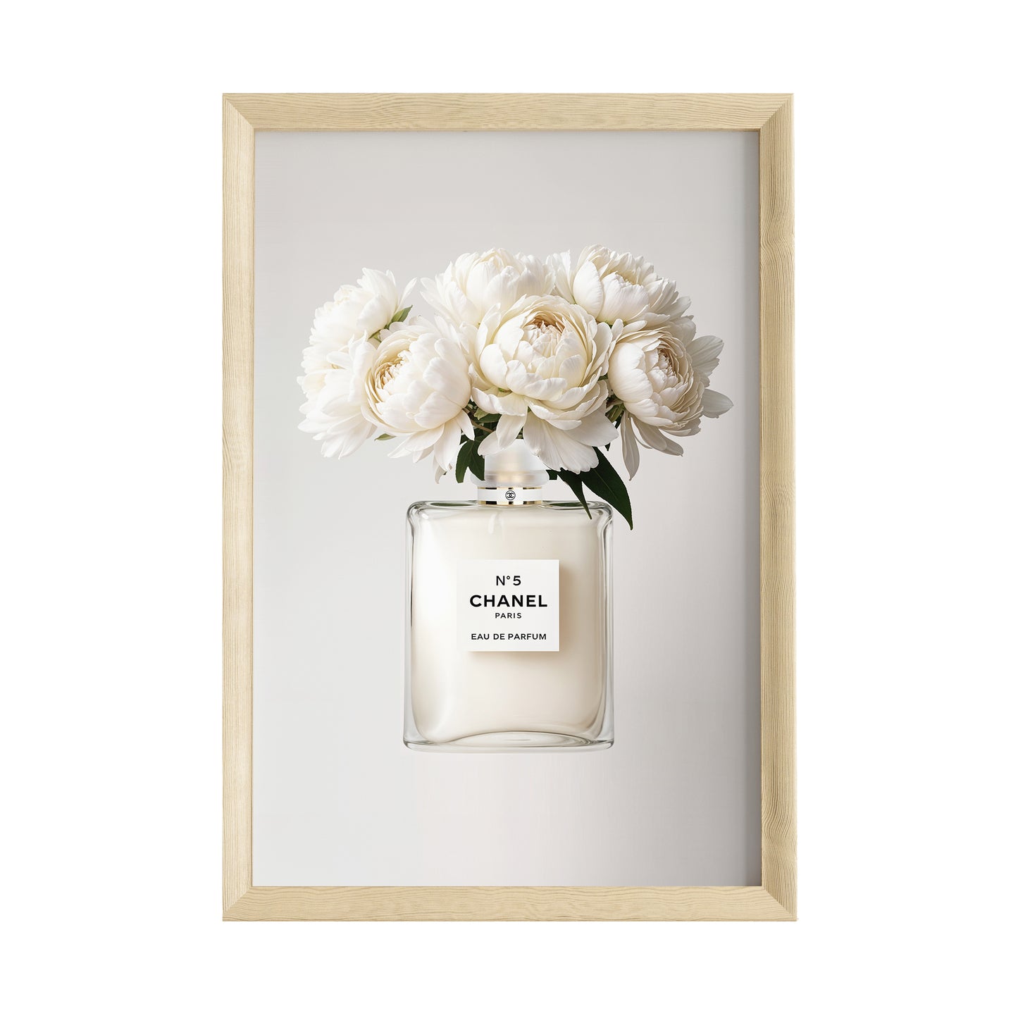 Coco Chanel Poster · Zeitlose Eleganz – Coco Chanel Flacon mit aufblühenden weißen Blumen · Parfümflasche mit weißen Blüten · Wand Dekoration · ohne Rahmen (Kopie)