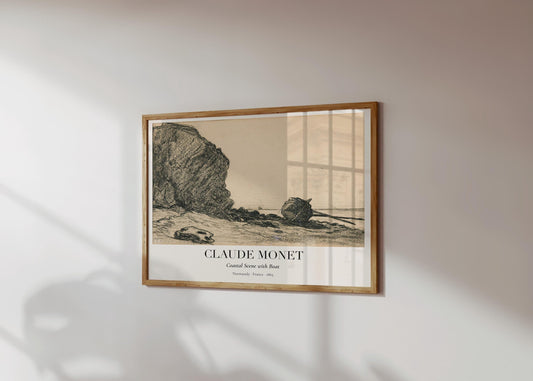 Claude Monet Zeichnung · Strand mit Boot ca. 1865 · Küstenstudie in Kohle · Vintage Kunstposter · Normandie Skizze · Druck ohne Rahmen - justgoodmood