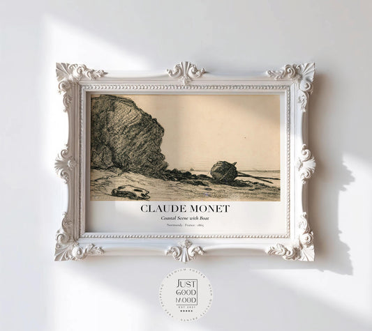 Claude Monet Zeichnung · Strand mit Boot ca. 1865 · Küstenstudie in Kohle · Vintage Kunstposter · Normandie Skizze · Druck ohne Rahmen - justgoodmood