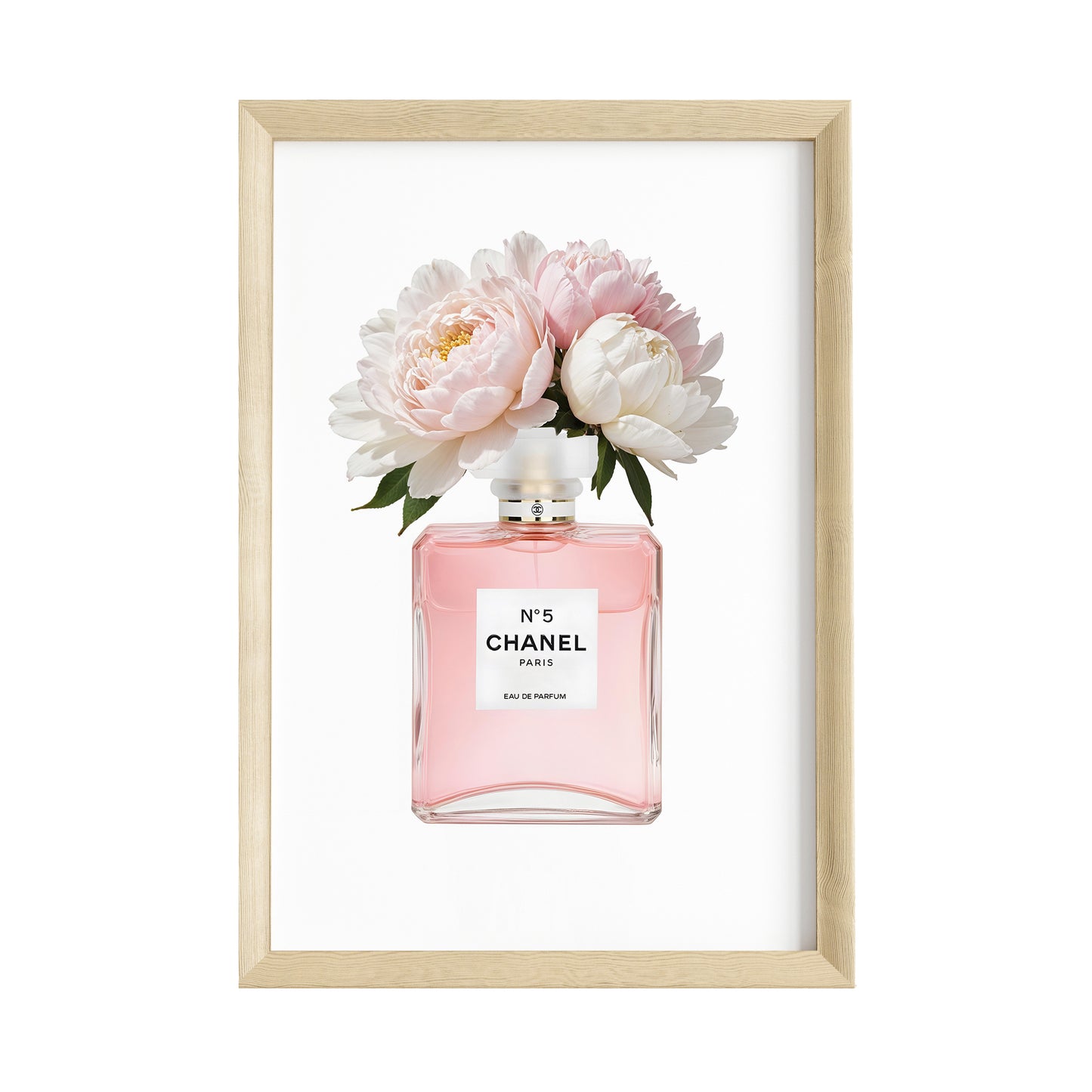 Coco Chanel Poster · Zeitlose Eleganz: Pinker Chanel Flacon mit sanften Pastellblumen · Parfümkunst in Rosa mit verspielten Blüten · Wand Dekoration · ohne Rahmen (Kopie)