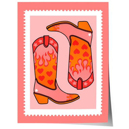 retro cowboy boots illustration with hearts and flames western aesthetic poster