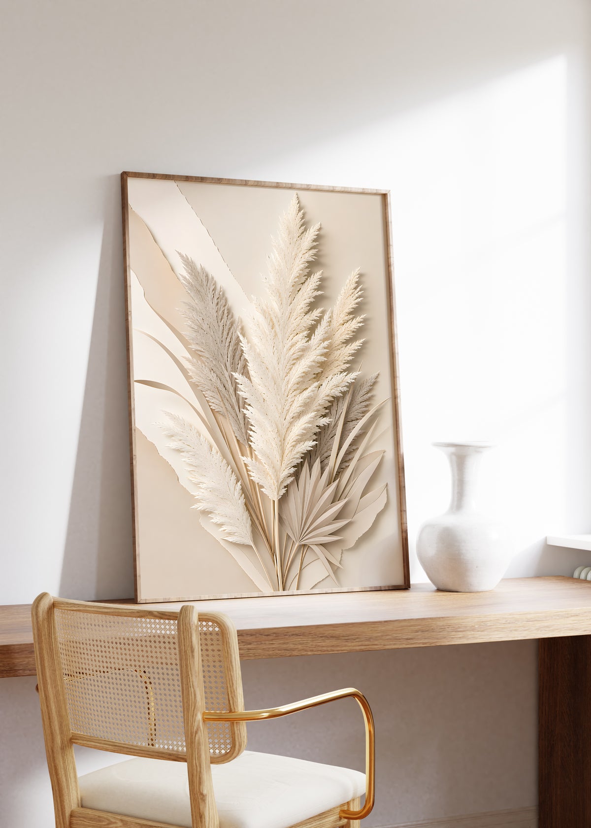 Gerahmtes Poster mit cremefarbenen Pampaswedeln und Palmblättern in plastischer Papierreliefoptik, auf einem Holztisch neben einer weißen Vase.