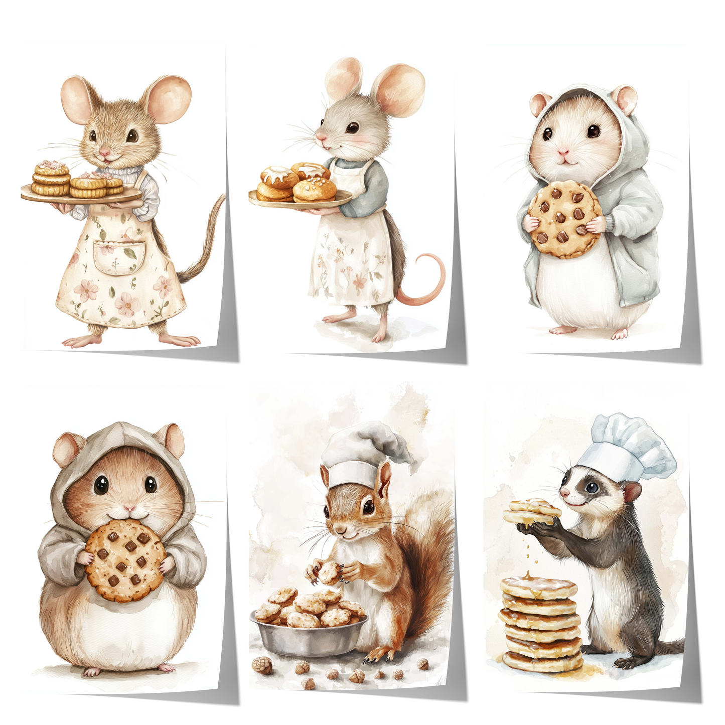 cute watercolor animal bakery poster set with mice hamster squirrel and cookies