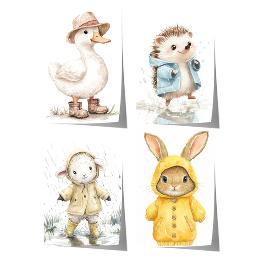 cute raincoat animal poster with duck hedgehog lamb and bunny watercolor illustrations