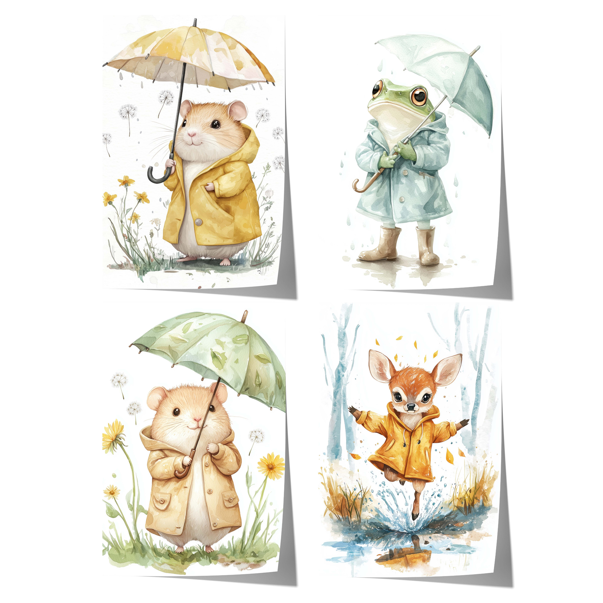 cute rainy day animal poster with hamster frog and deer watercolor illustrations