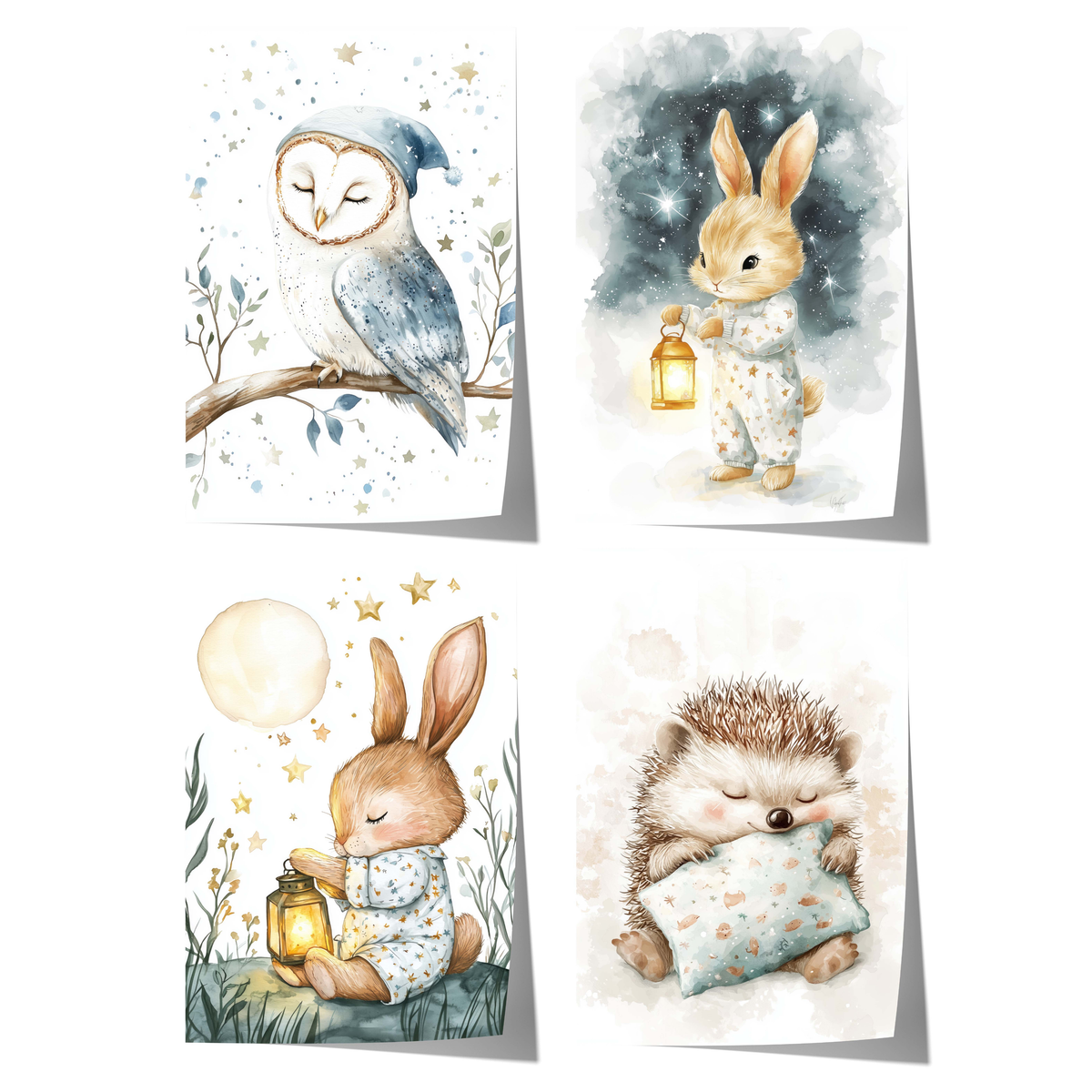 cute woodland nursery poster with owl bunny and hedgehog watercolor illustrations