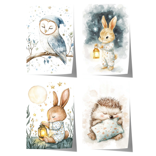 cute woodland nursery poster with owl bunny and hedgehog watercolor illustrations