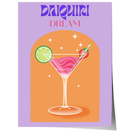 daiquiri cocktail illustration with strawberry and lime retro poster