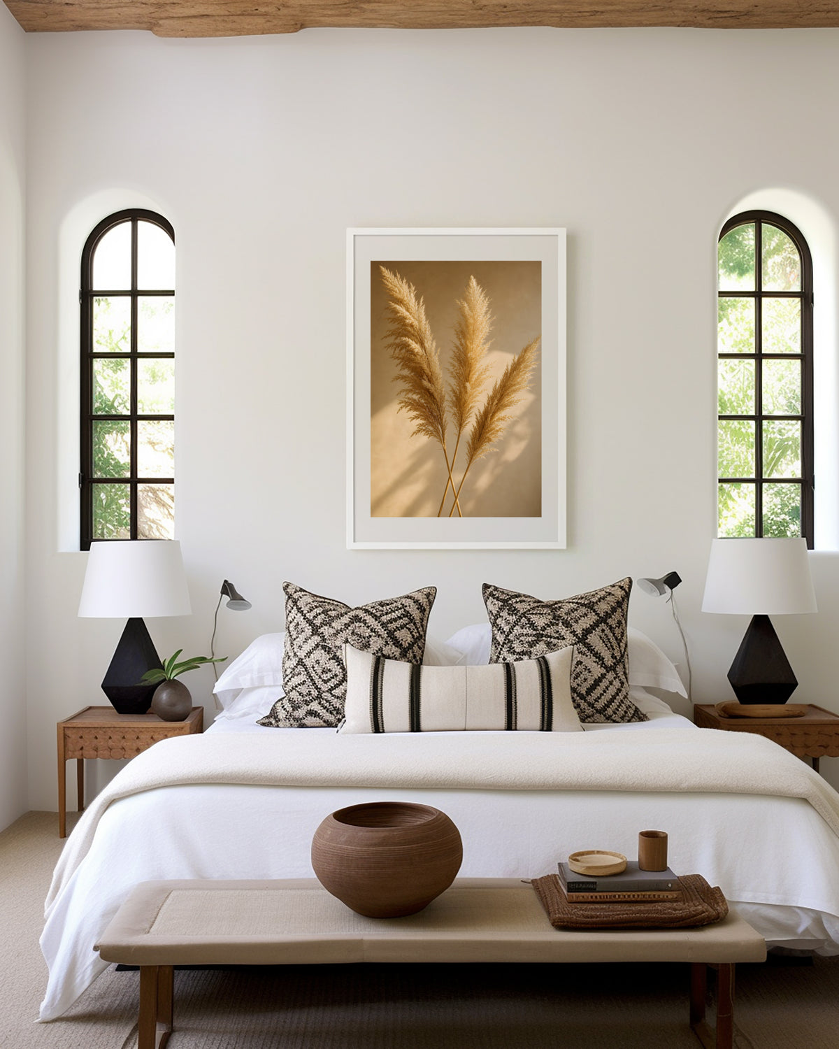 Motiv mit drei goldenen Pampaswedeln mit langen Schatten auf warmbeigem Hintergrund, als gerahmtes Poster in den Händen einer Frau.