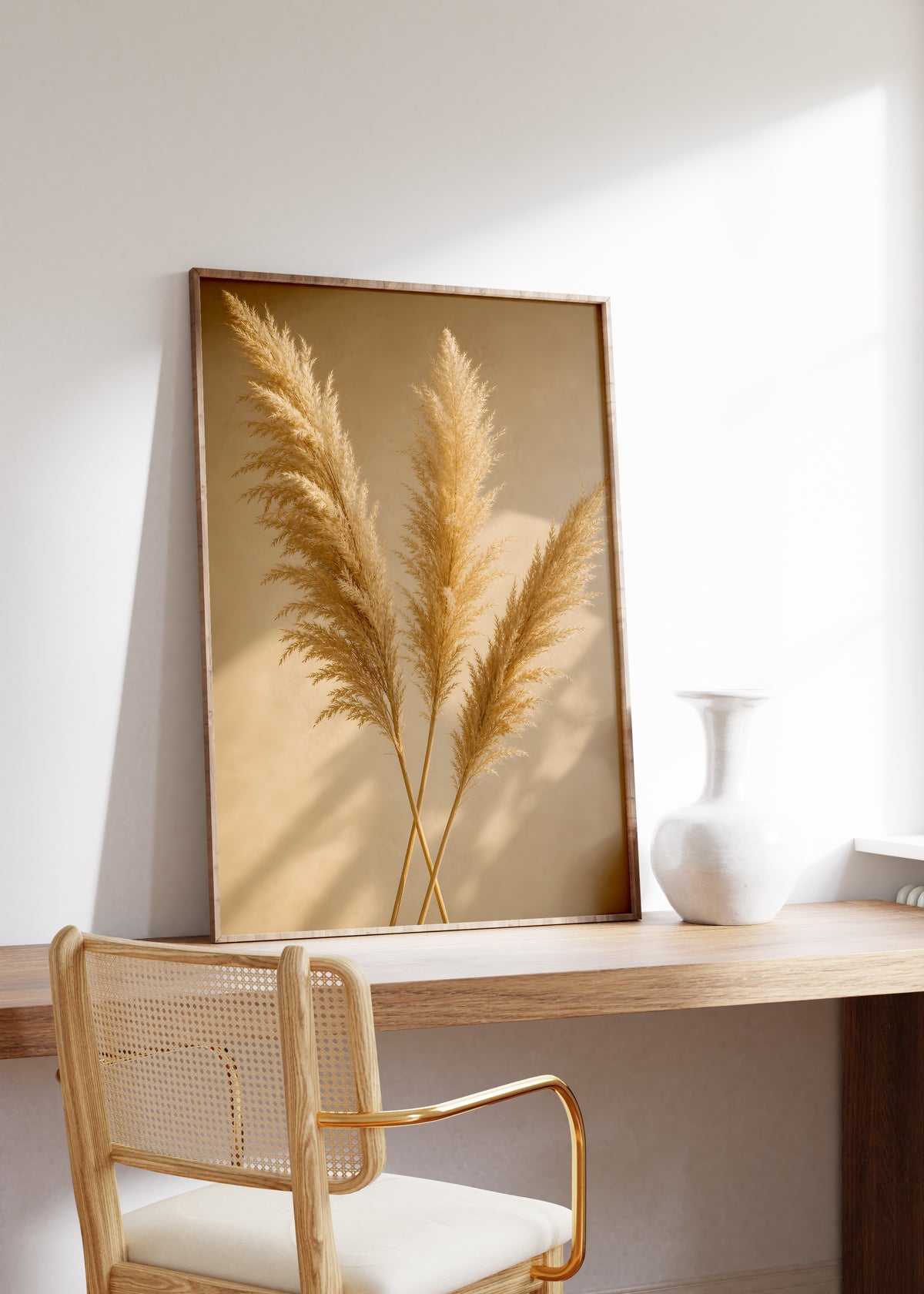 Gerahmtes Poster mit drei goldenen Pampaswedeln mit langen Schatten auf warmbeigem Hintergrund, auf einem Holztisch neben einer weißen Vase.