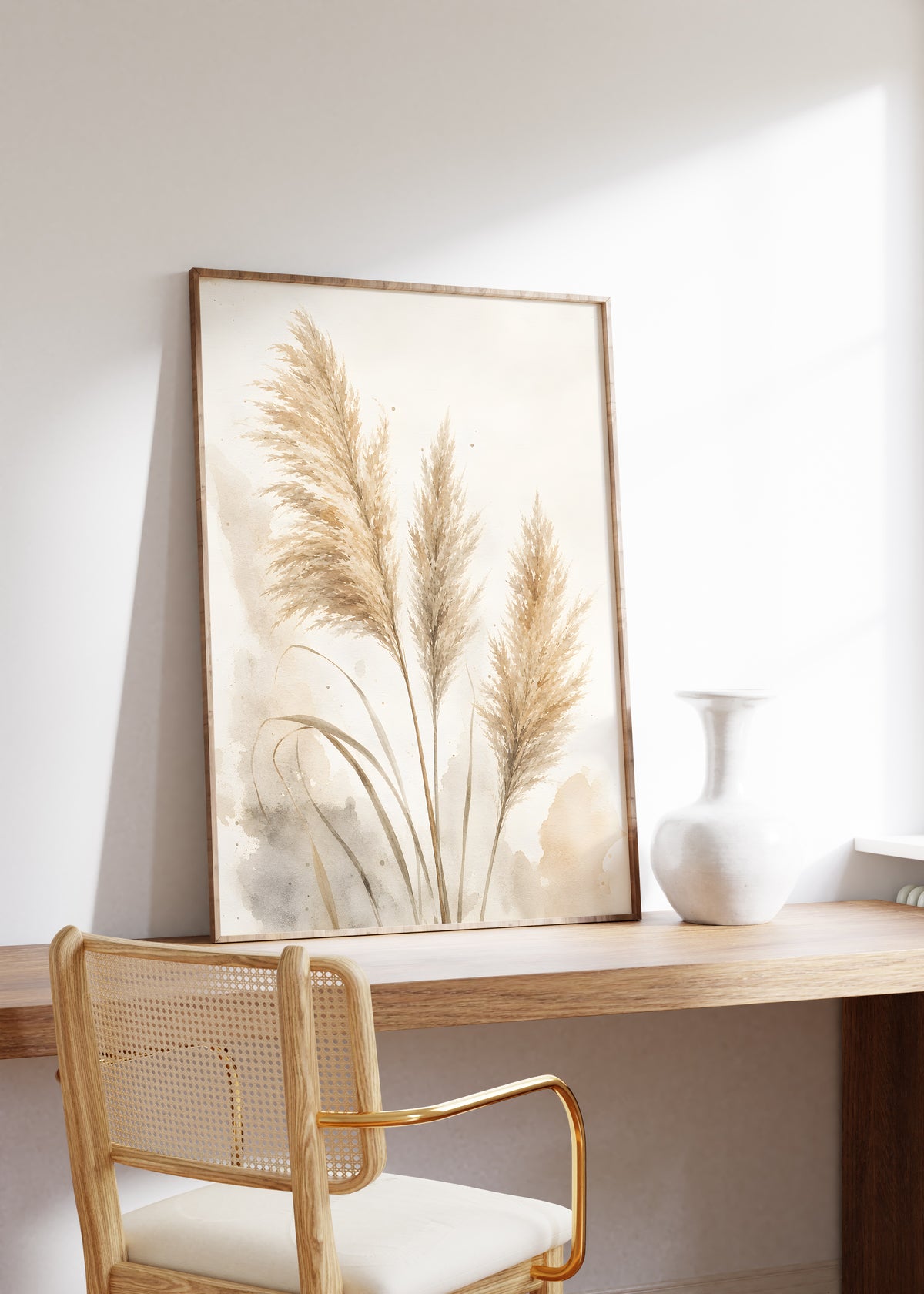 Gerahmtes Poster mit drei beigen Pampaswedeln mit zarten Aquarellflächen, auf einem Holztisch neben einer weißen Vase.