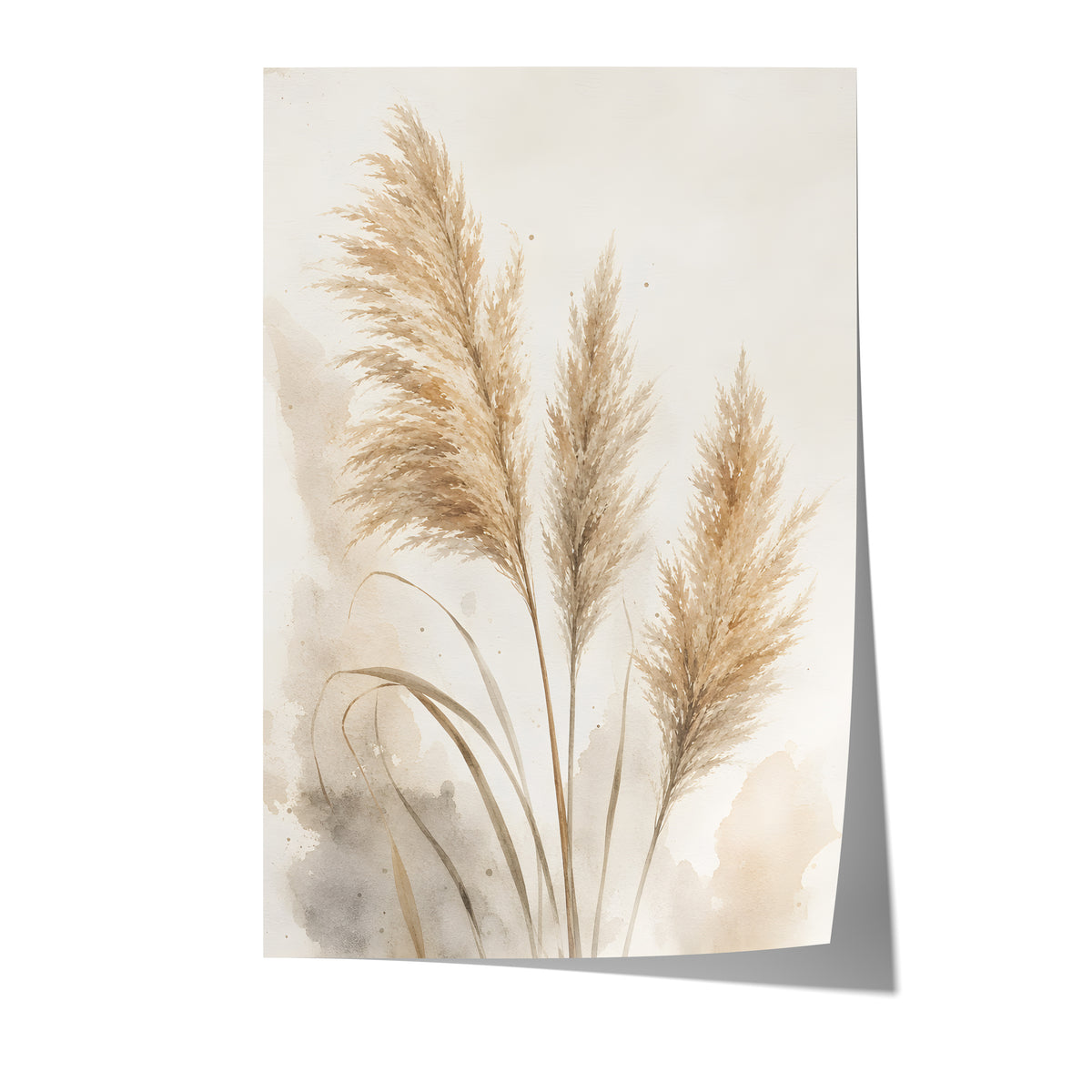 Poster mit drei beigen Pampaswedeln mit zarten Aquarellflächen auf weißem Hintergrund.