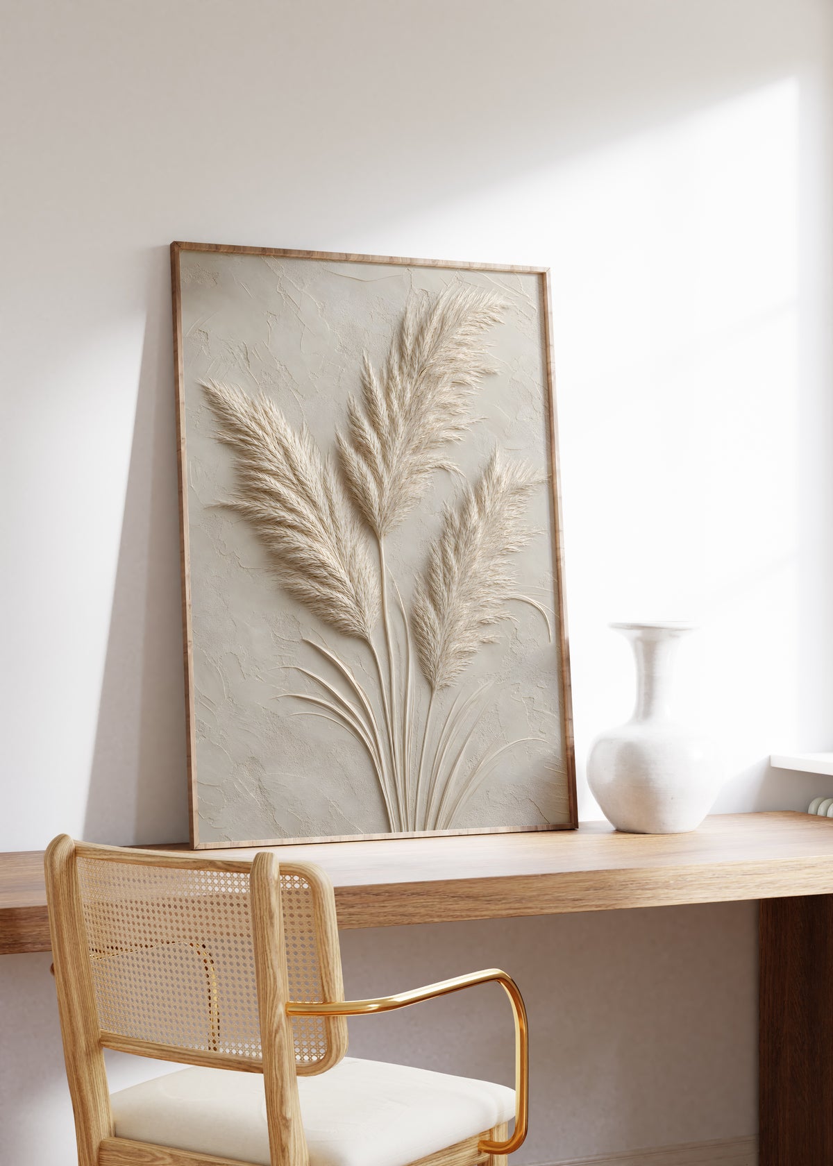 Gerahmtes Poster mit drei hellen Pampaswedeln in Reliefoptik auf einer beigegrauen strukturierten Fläche, auf einem Holztisch neben einer weißen Vase.