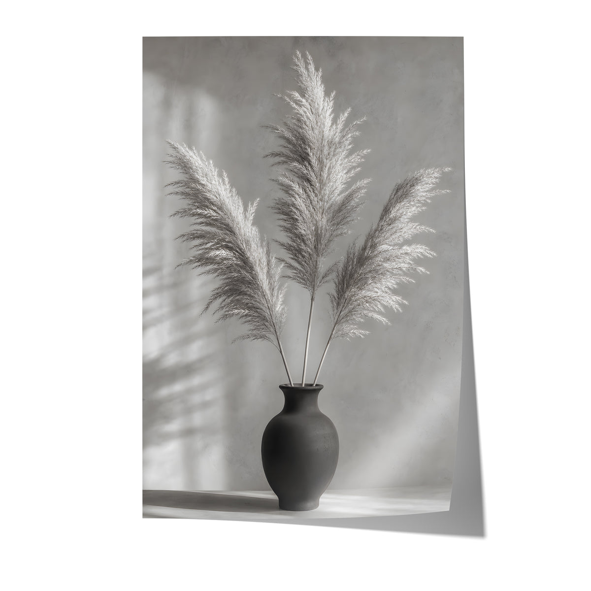 Poster mit drei Pampaswedeln in einer schwarzen Vase vor einer grauen Wand mit Schatten auf weißem Hintergrund.