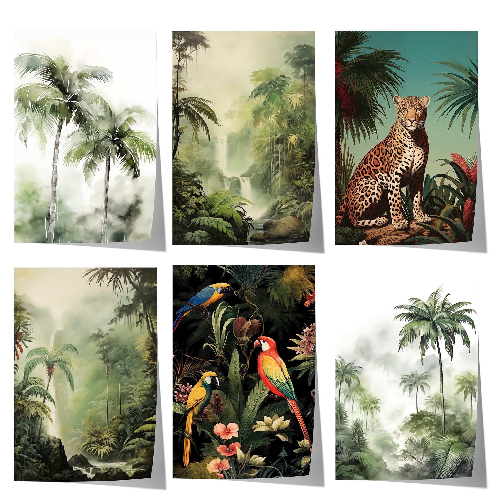 Tropisches Poster-Set mit Palmen, Regenwald, Wasserfällen, Papageien und Leopard im botanischen Vintage-Stil für moderne Wohnräume.