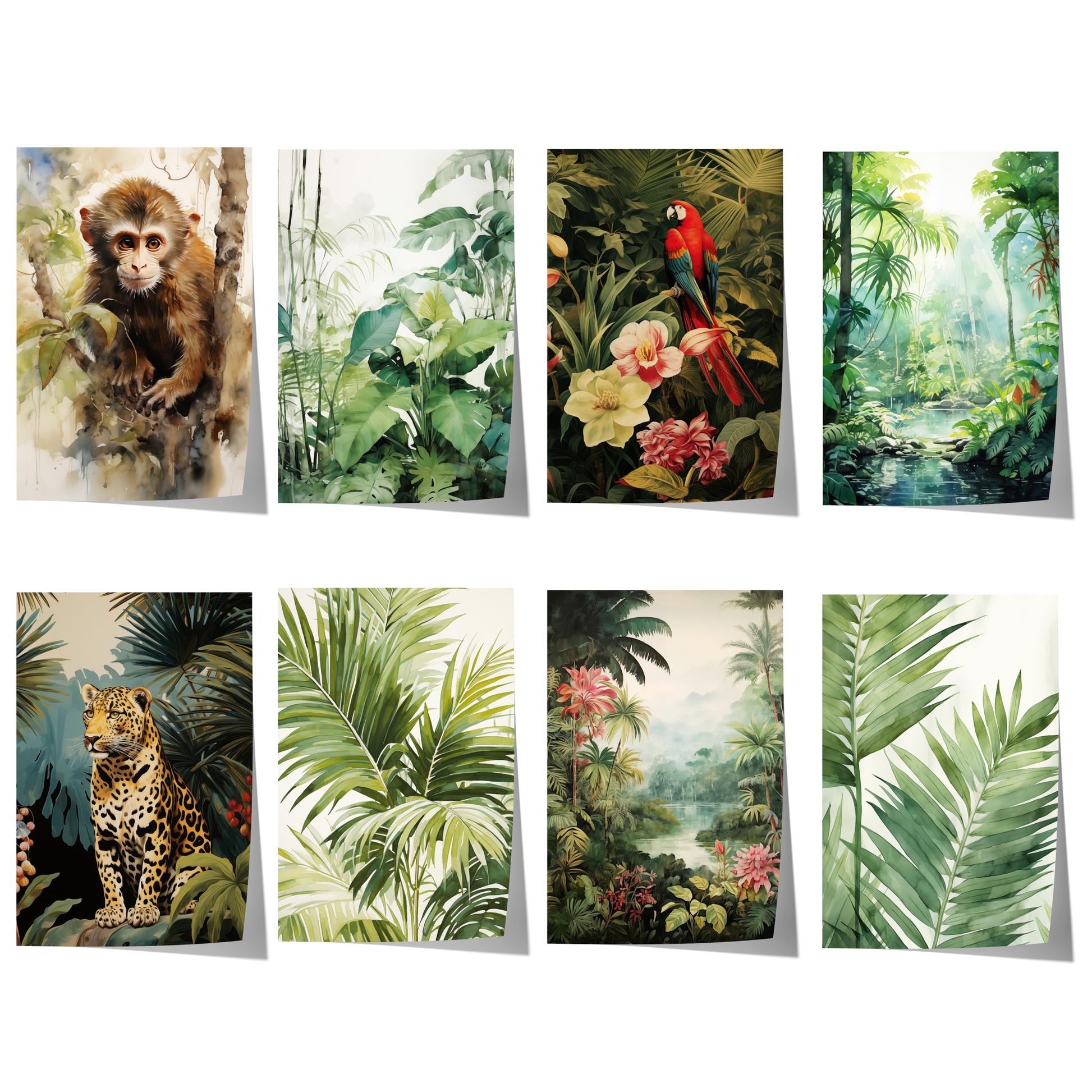 Acht tropische Aquarellposter mit Leopard, Affe, Papagei, Palmenblättern, Dschungellandschaften und exotischen Blumen.